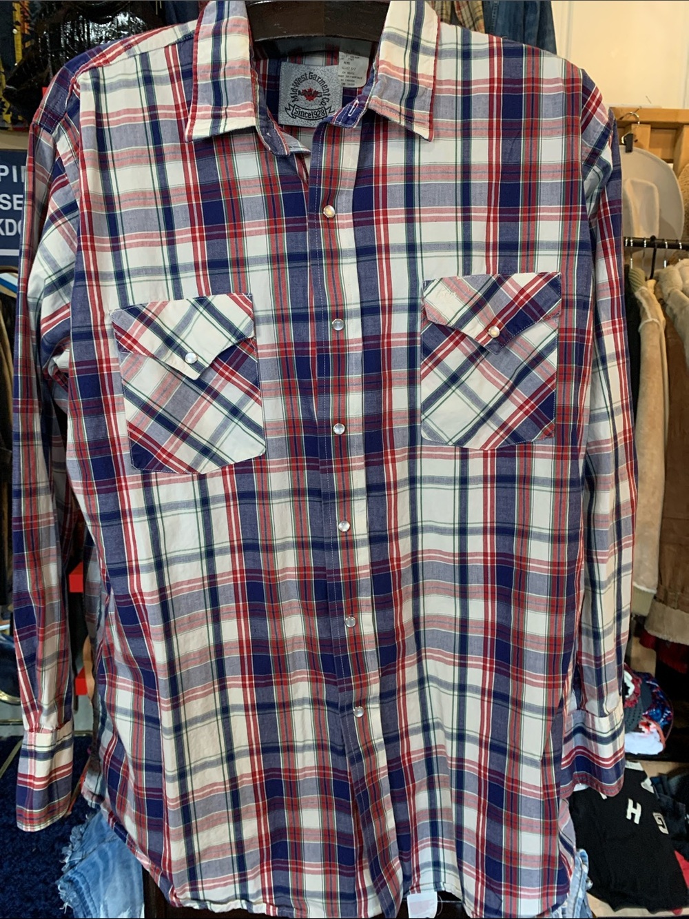 Vintage Western Men's Plaid Button-Down Shirt in Red, Blue & White